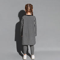 Girls Black Houndstooth Print Long Cardigan with Leggings & Spaghetti Top Set Sets