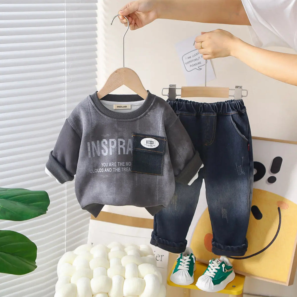 Boys Grey Typographic Regular Sweatshirt With Denim Trouser Sets 2 pc. Sets Grey 1-2 Y