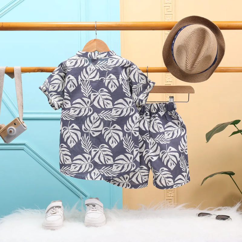 Boys Grey Leaf Printed Short Sleeve Shirt With Elasticated Shorts Sets 2 pc. Sets