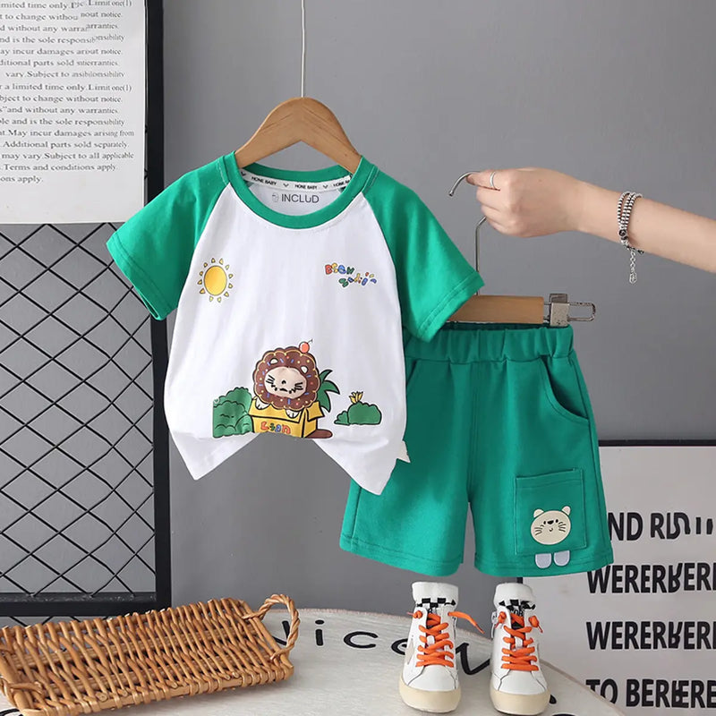 Boys Green Lion Graphic Raglan Sleeves T-Shirt With Elasticated Shorts Sets 2 pc. Sets Green 1-2 Y