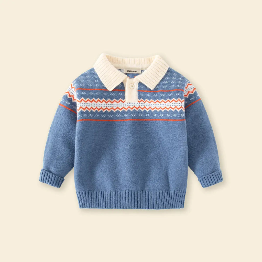 Boys Blue Polo Sweater With Self-Design Jacquard Pattern Sweaters & Cardigans