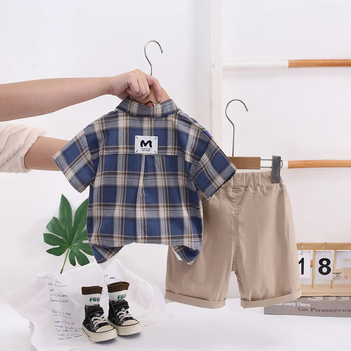 Boys Blue Checked Short Sleeve Shirt With Printed T-Shirt And Shorts Sets 3 pc. Sets