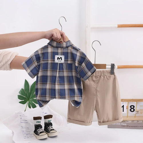 Boys Blue Checked Short Sleeve Shirt With Printed T-Shirt And Shorts Sets 3 pc. Sets