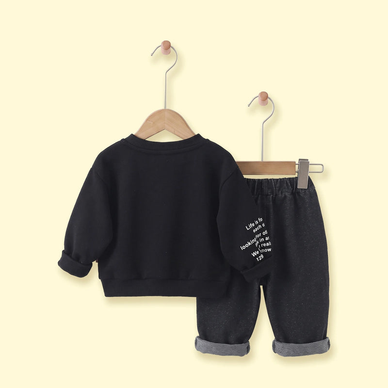 Boys Black Typographic Sweatshirt With Denim Pants Sets 2 pc. Sets