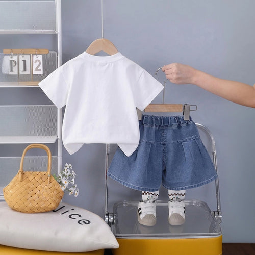 Girls White Butterfly Printed Half Sleeve T-Shirt With Denim Skirt Sets 2 pc. Sets