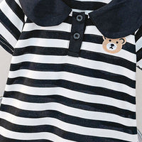 Girls Black & White Striped Cotton Polo Dress with Bear Detail Casual Dresses