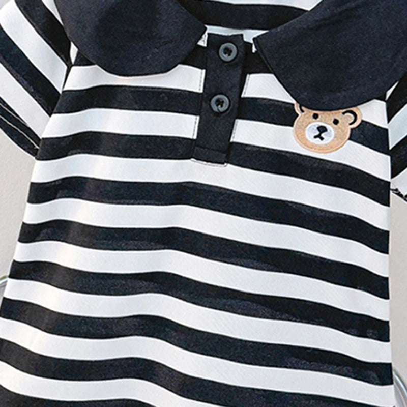 Girls Black & White Striped Cotton Polo Dress with Bear Detail Casual Dresses