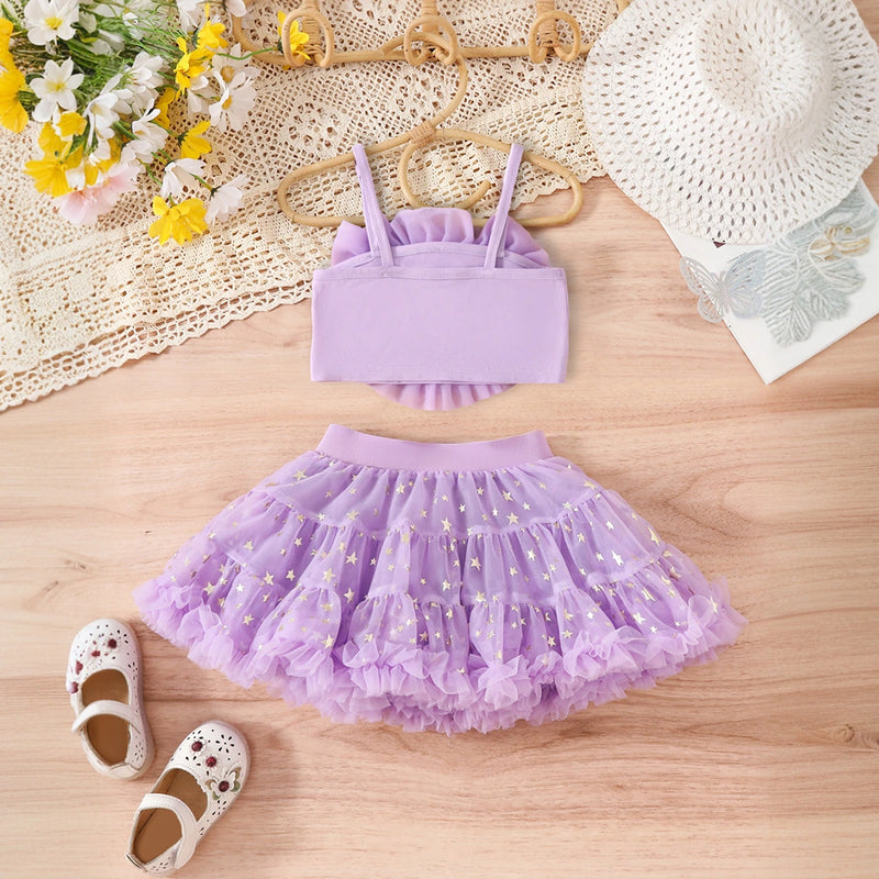 Girls Purple Big Flower Applique Crop Top With Star Printed Tiered Tulle Skirt Sets Sets