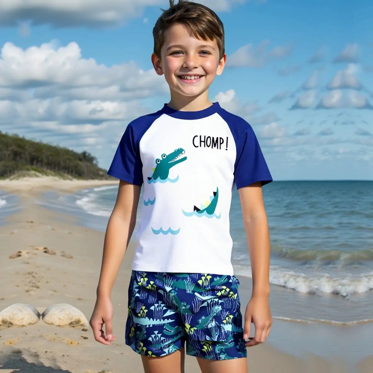 Boys Blue Graphics Short Sleeves T-Shirt & Shorts Swimsuit Sets Sets