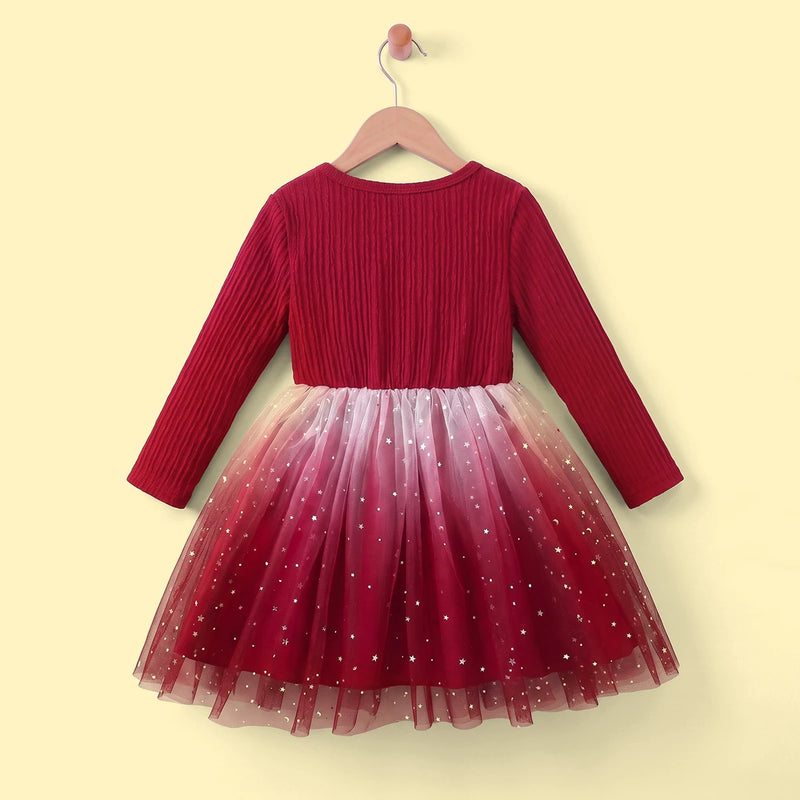 Girls Red Star Print Long Sleeve Fit & Flare Dress Casual Dresses