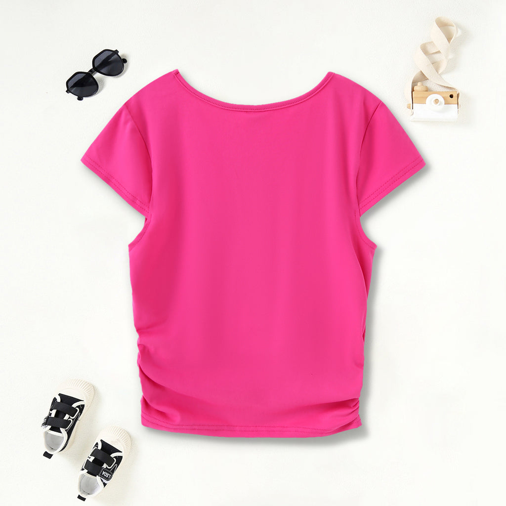 Girls Fuchsia Cartoon Printed Short Sleeves Scoop Neck T-Shirt Tshirts