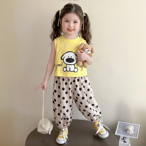 Girls Yellow Sleeveless Animal Graphic Top With Polka Dot Harem Pants Sets Sets Yellow 1-2 Y