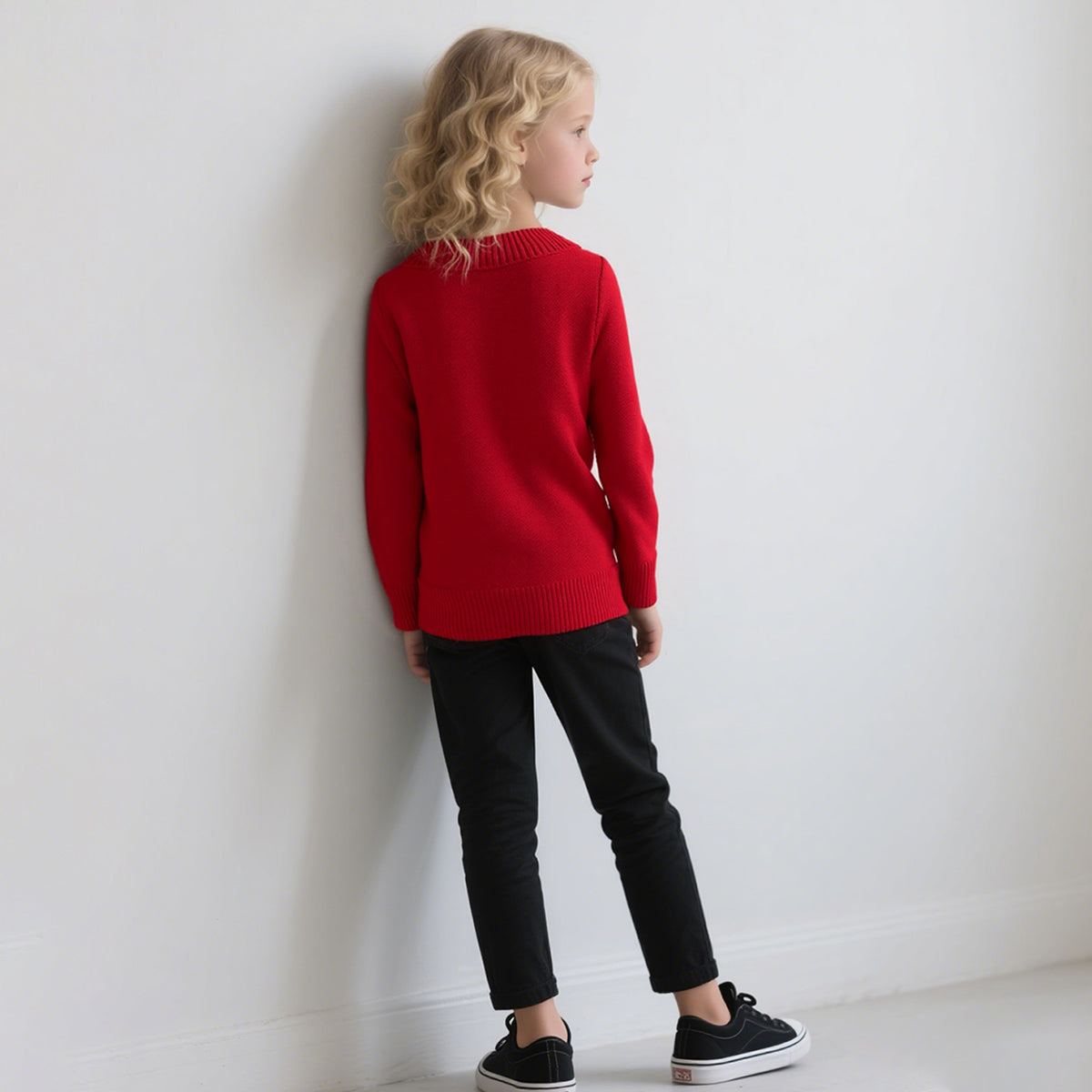 Girls Red Reindeer Self-Designed Winter Pullover Sweater Sweaters & Cardigans