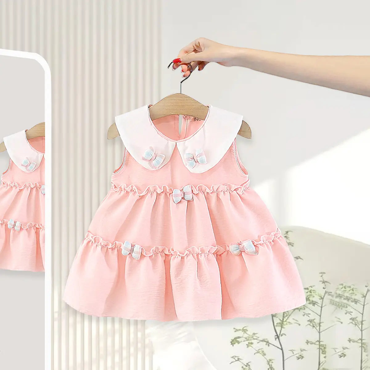 Girls Pink Peter Pan Collar Tiered Dress With Bow Details Casual Dresses Pink 1-2 Y
