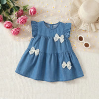 Girls Blue Flutter Sleeves Tiered A-line Dress With Bow Details Casual Dresses Blue 1-2 Y