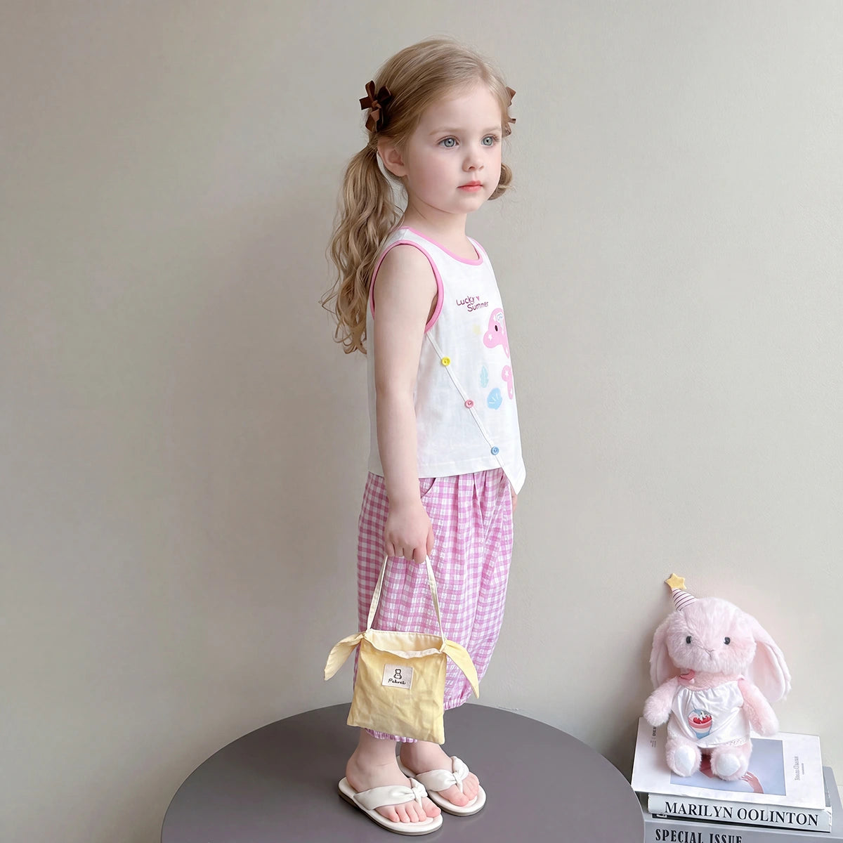 Girls Pink Dolphin Print Sleeveless Top With Checked Crop Pants Sets 2 pc. Sets