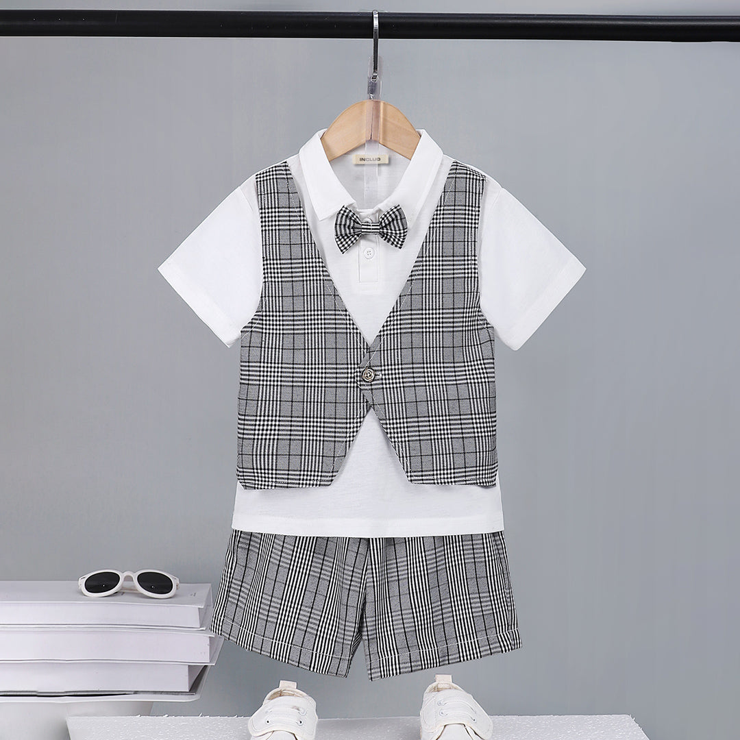 Boys Black Check Waist Coat With Polo T-Shirt And Shorts Set 3 pc. Sets Black 3-4 Y