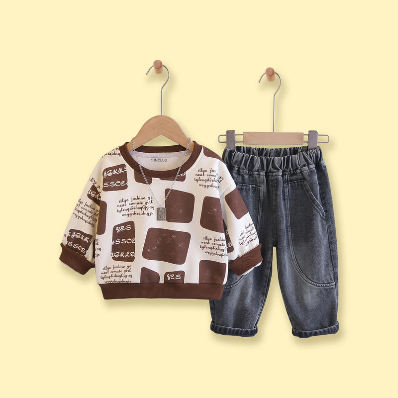 Boys Brown Typographic Sweatshirt & Denim Pants Sets Sets Brown 1-2 Y