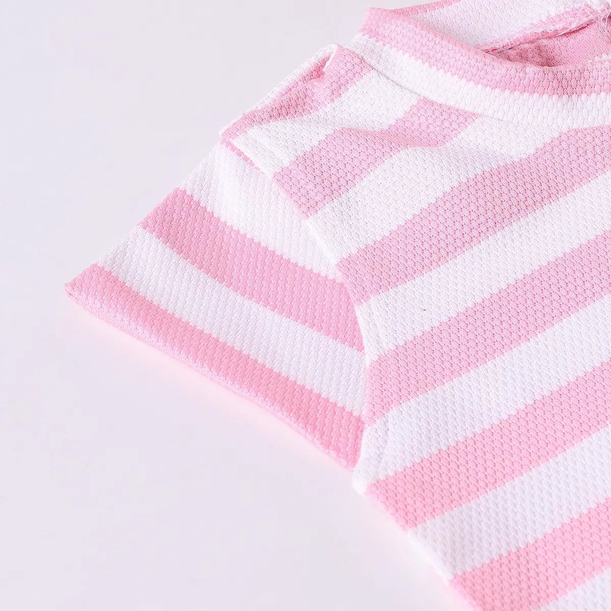 Girls Pink Stripe T-Shirt With Heart Embroidered Dungaree Sets 2 pc. Sets