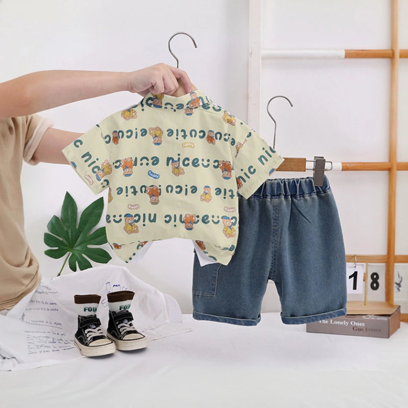 Boys Green Typographic Shirt With Distressed Denim Shorts & T-Shirt Sets Sets