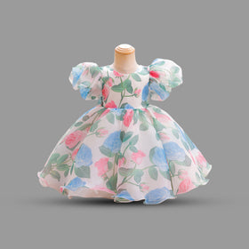 Girls Floral Print Puff Sleeves Party Dress Party Dresses Green 1-2 Y 