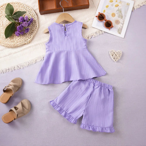 Girls Purple Stripes Sleeveless Top With Ruffle Hem Shorts Co-ord Sets Sets