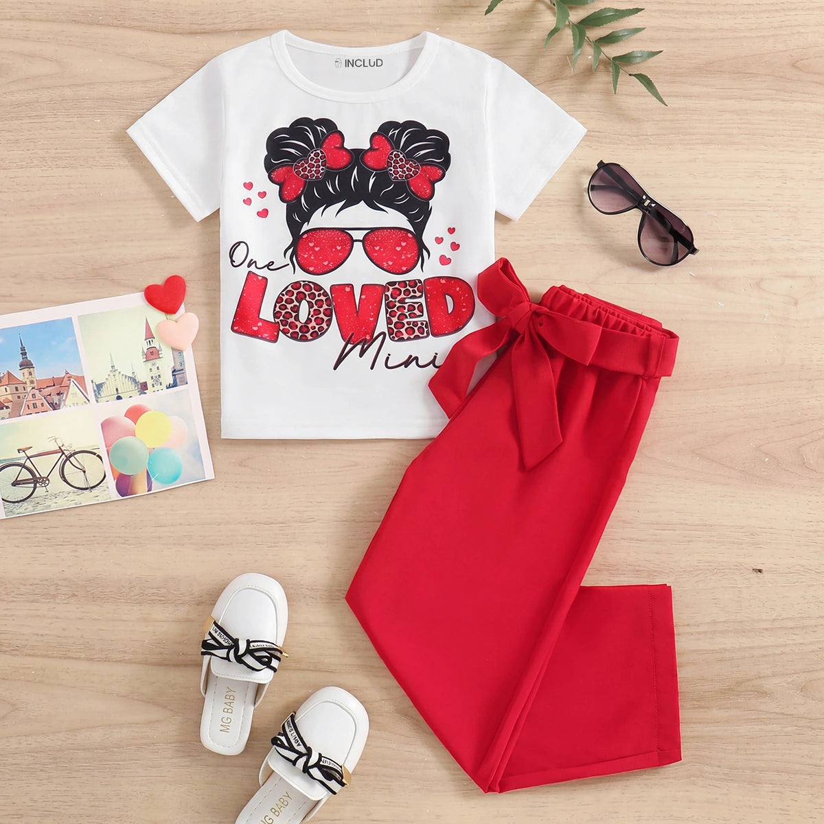 Girls White Typographic Print Short Sleeve T-Shirt With Red Pants Sets 2 pc. Sets White 3-4 Y