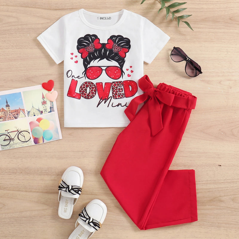 Girls White Typographic Print Short Sleeve T-Shirt With Red Pants Sets 2 pc. Sets White 3-4 Y