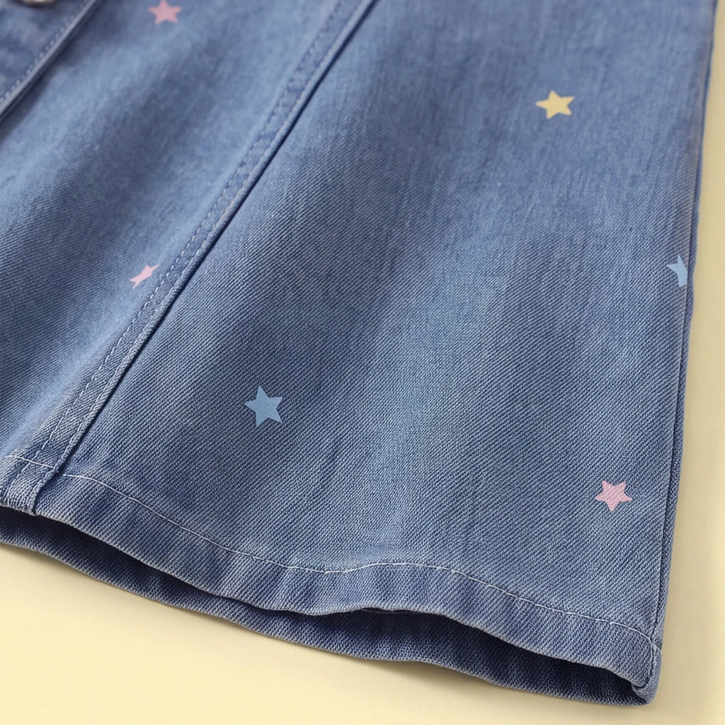 Girls Blue Star Print Short Sleeve Denim Dress Casual Dresses