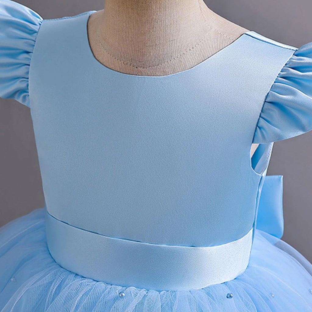 Girls Sky Blue Pearl-Embellished Flutter Sleeve Party Wear Dress Party Dresses