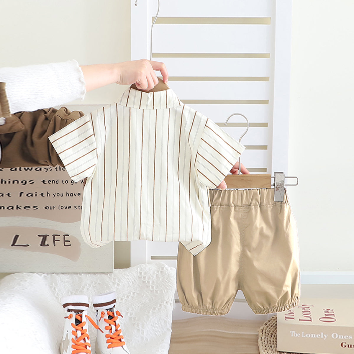 Boys Beige Stripe Short Sleeves Pocket Flap Shirt With Shorts Set 2 pc. Sets