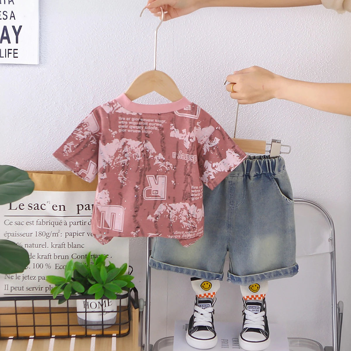 Boys Dark Pink Typographic Print T-Shirt With Denim Shorts Set Sets