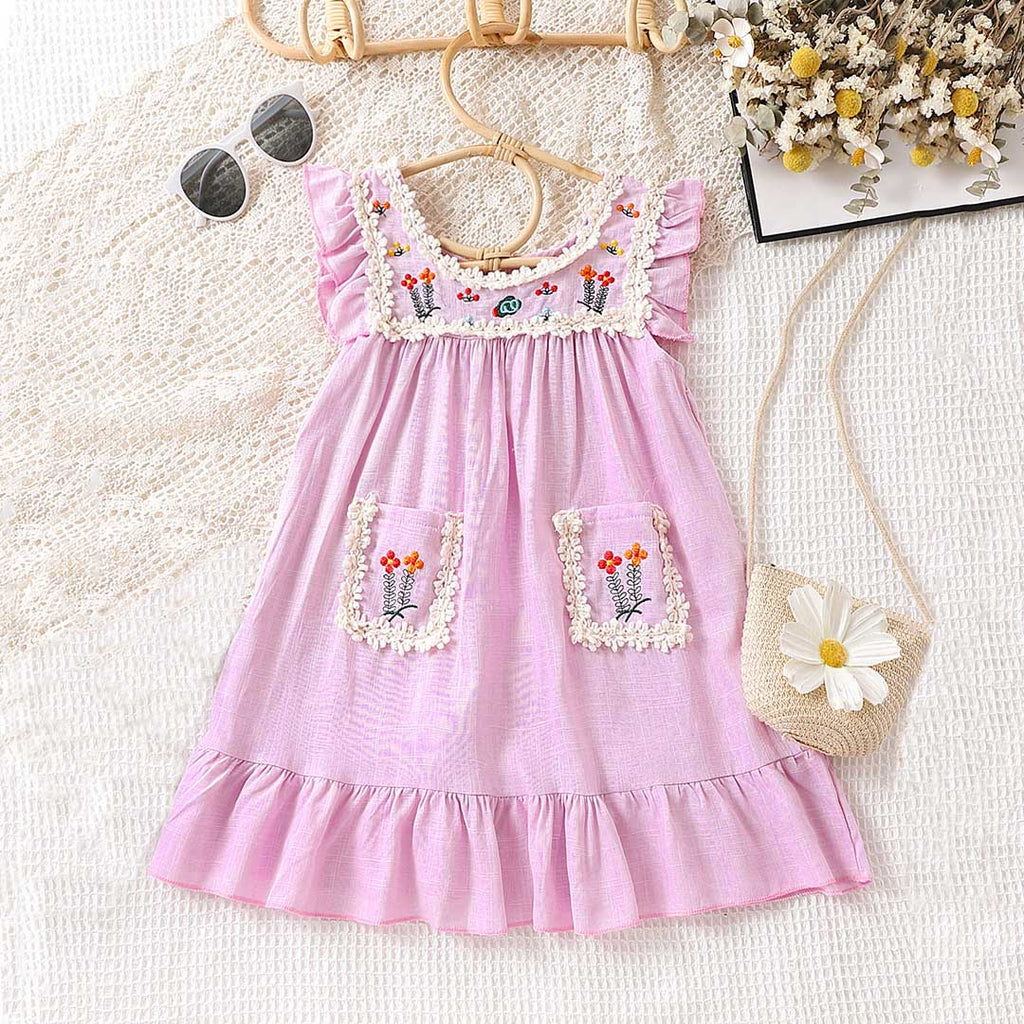 Girls Floral Embroidery Neck Lace Fit & Flare Dress