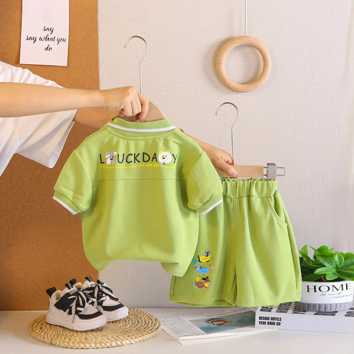Boys Green Animal Graphic Short Sleeve Polo T-Shirt With Elasticated Shorts Sets 2 pc. Sets