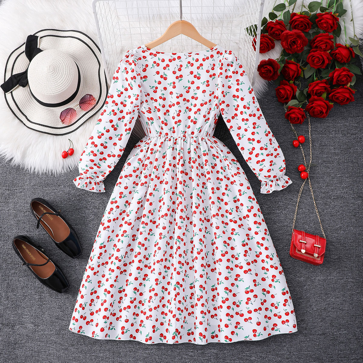 Girls White Cherry Printed Smocked Maxi Dress Casual Dresses