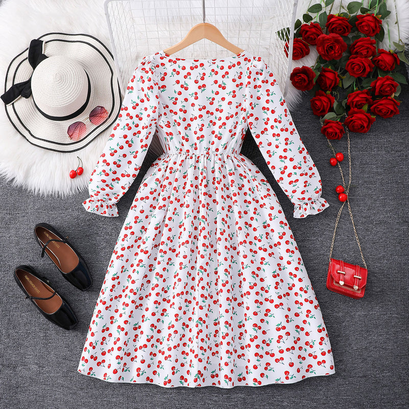 Girls White Cherry Printed Smocked Maxi Dress Casual Dresses