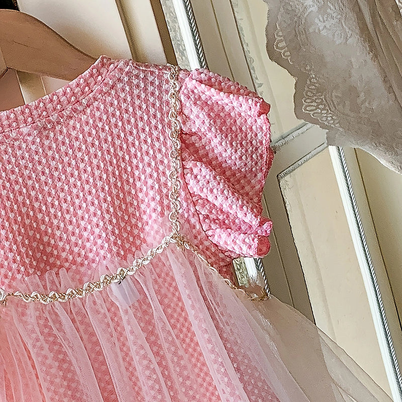 Girls Pink Self Design T-Shirt Dress & Overlay Tulle Pinafore Dress Casual Dresses