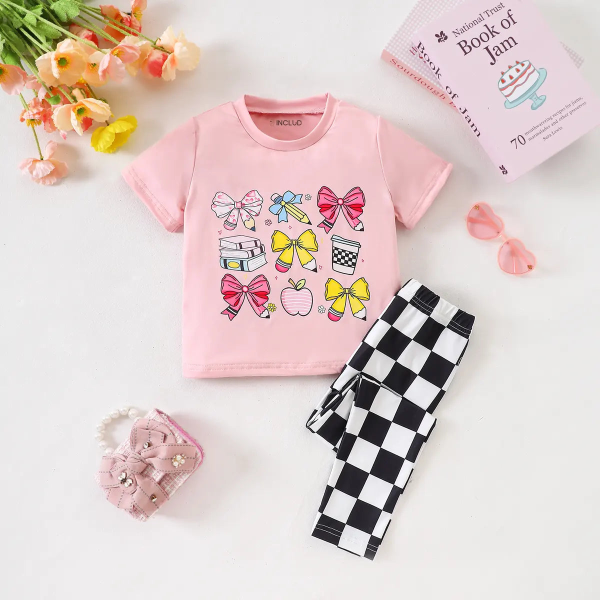 Girls Pink Short Sleeve Bow Print T-Shirt With Checked Pants Sets 2 pc. Sets Pink 3-4 Y