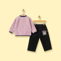 Boys Pink Textured Sweatshirt With Denim Pants Sets Sets