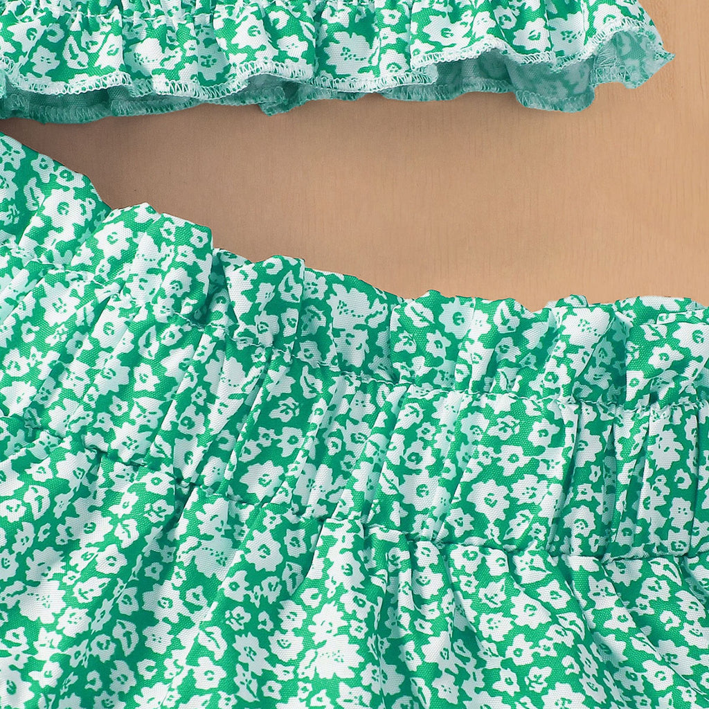 Girls Green Floral Printed Sleeveless Top With Tiered Skirt Set 2 pc. Sets