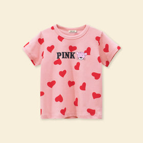 Girls Heart Print Short Sleeves T-shirt Tshirts   