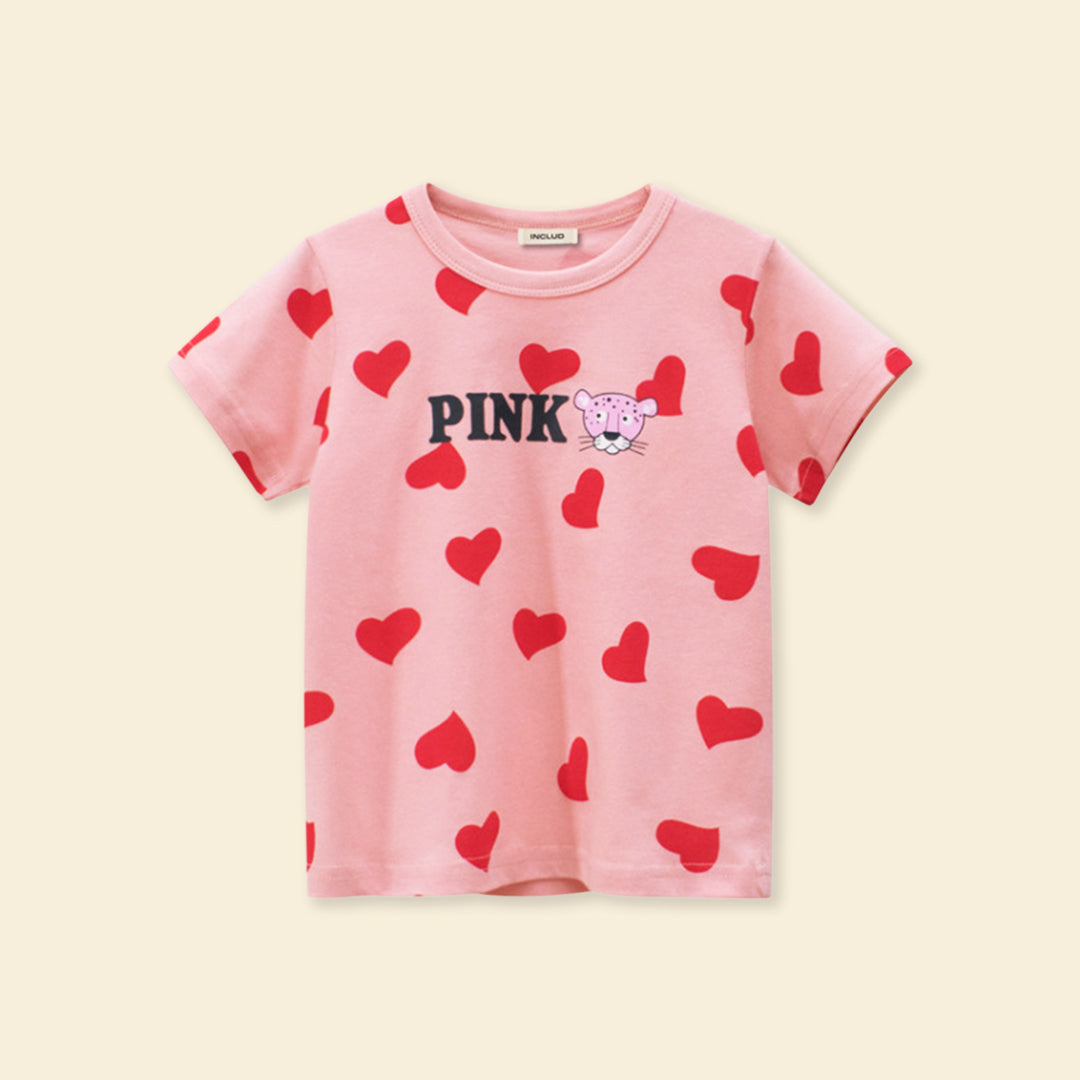 Girls Heart Print Short Sleeves T-shirt Tshirts   
