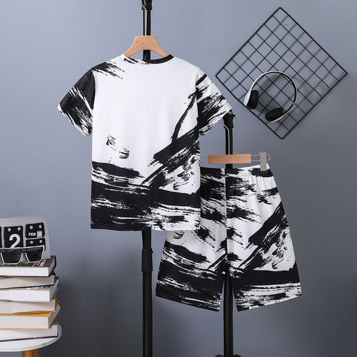 Boys White Abstract Printed T-Shirt With Elasticated Shorts Set 2 pc. Sets