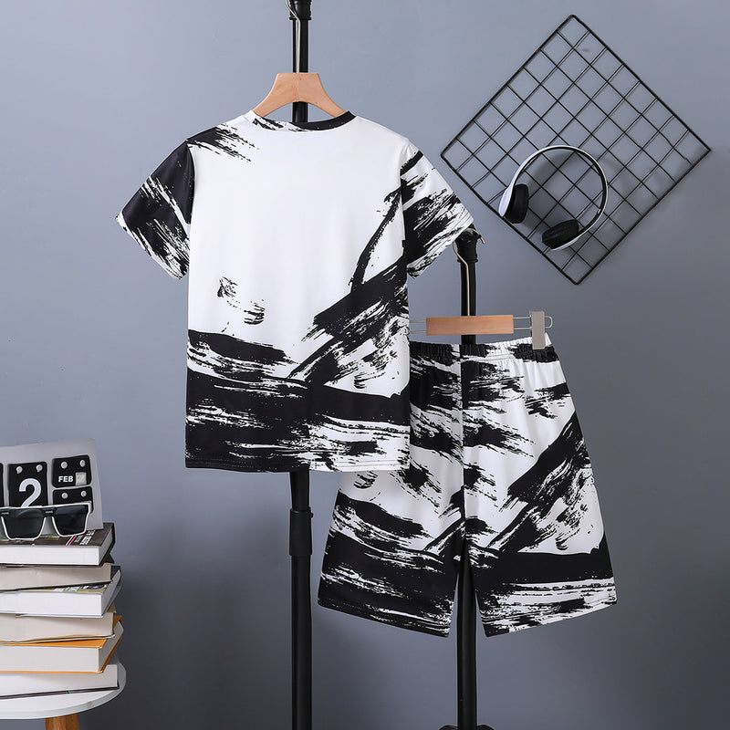 Boys White Abstract Printed T-Shirt With Elasticated Shorts Set 2 pc. Sets