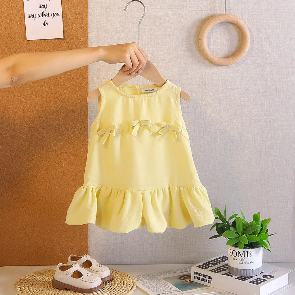 Girls Yellow Bow Appliqued A-line Dress With Ruffled Hem Casual Dresses Yellow 1-2 Y