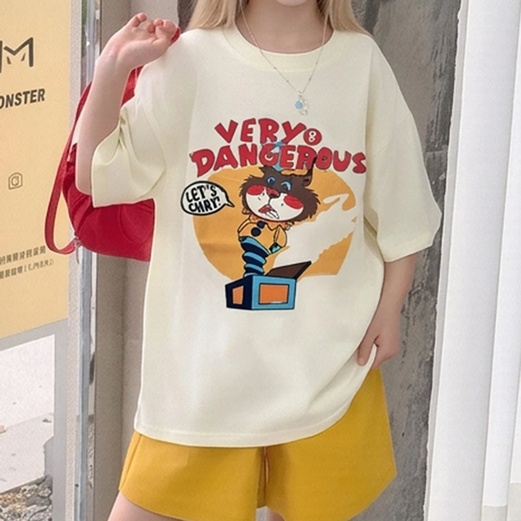 Girls Beige Graphic Jack-In-The-Box Oversized T-Shirt With Shorts Sets Sets