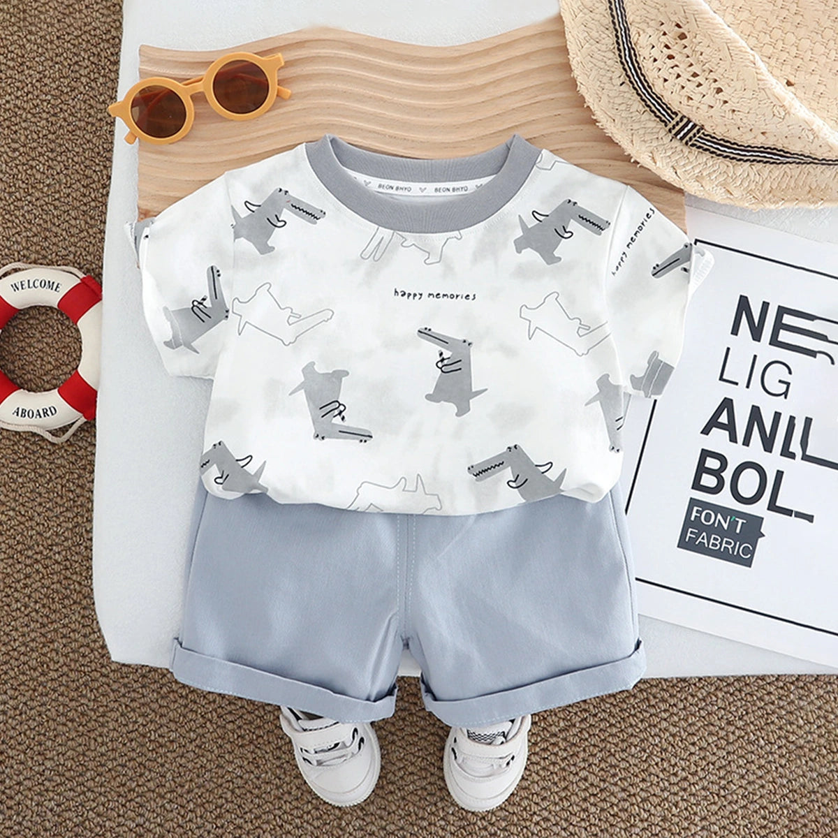 Boys Light Grey Crocodile Printed Short Sleeve T-Shirt With Elasticated Shorts Sets 2 pc. Sets Light Grey 1-2 Y
