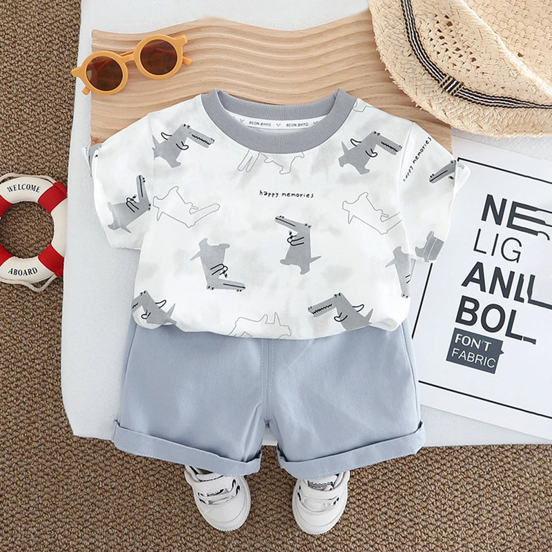 Boys Light Grey Crocodile Printed Short Sleeve T-Shirt With Elasticated Shorts Sets 2 pc. Sets Light Grey 1-2 Y