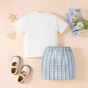 Girls Blue Teddy Bear Applique Short Sleeve T-Shirt With Skirt Sets 2 pc. Sets