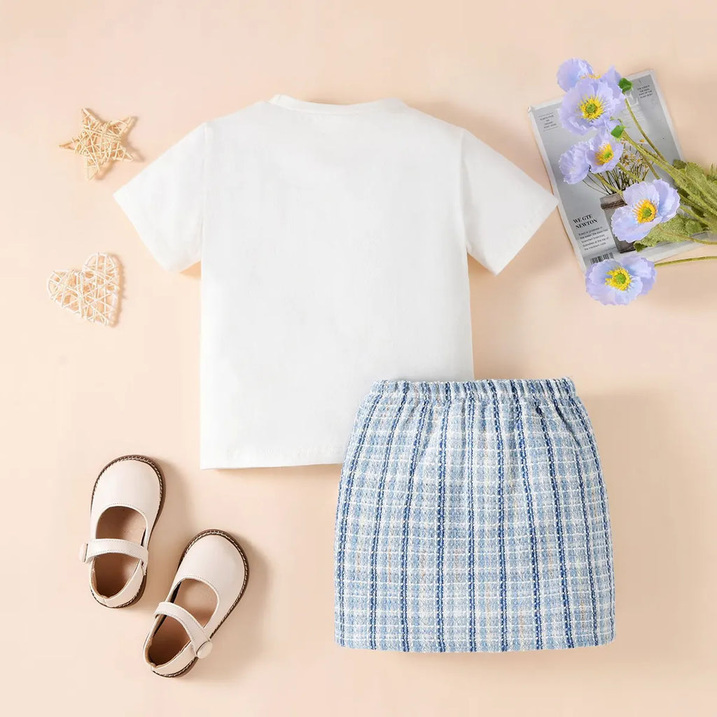 Girls Blue Teddy Bear Applique Short Sleeve T-Shirt With Skirt Sets 2 pc. Sets